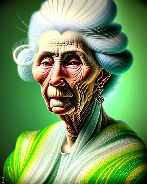 Portrait of an old woman with green eyes and white hair in the style of van gough