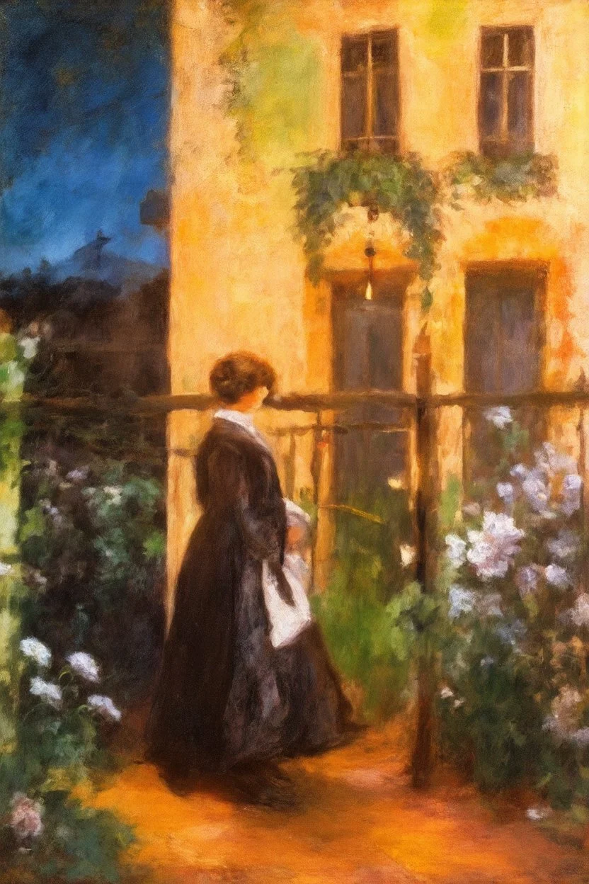 Night, vegetations, flowers, one woman, distant house, mistery, gothic horror films influence, gustave caillebotte, and gustave moreau paintings