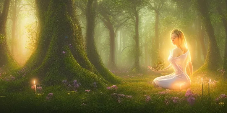 beautiful lady meditating in a enchanted forest lit with candles, fotorealistic, high quality, landscape, 17