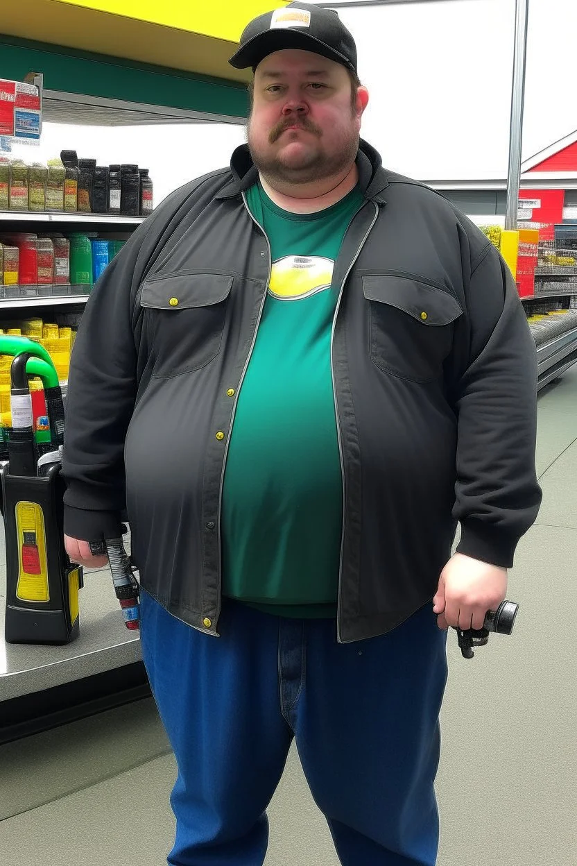 fat guy works at a gas station