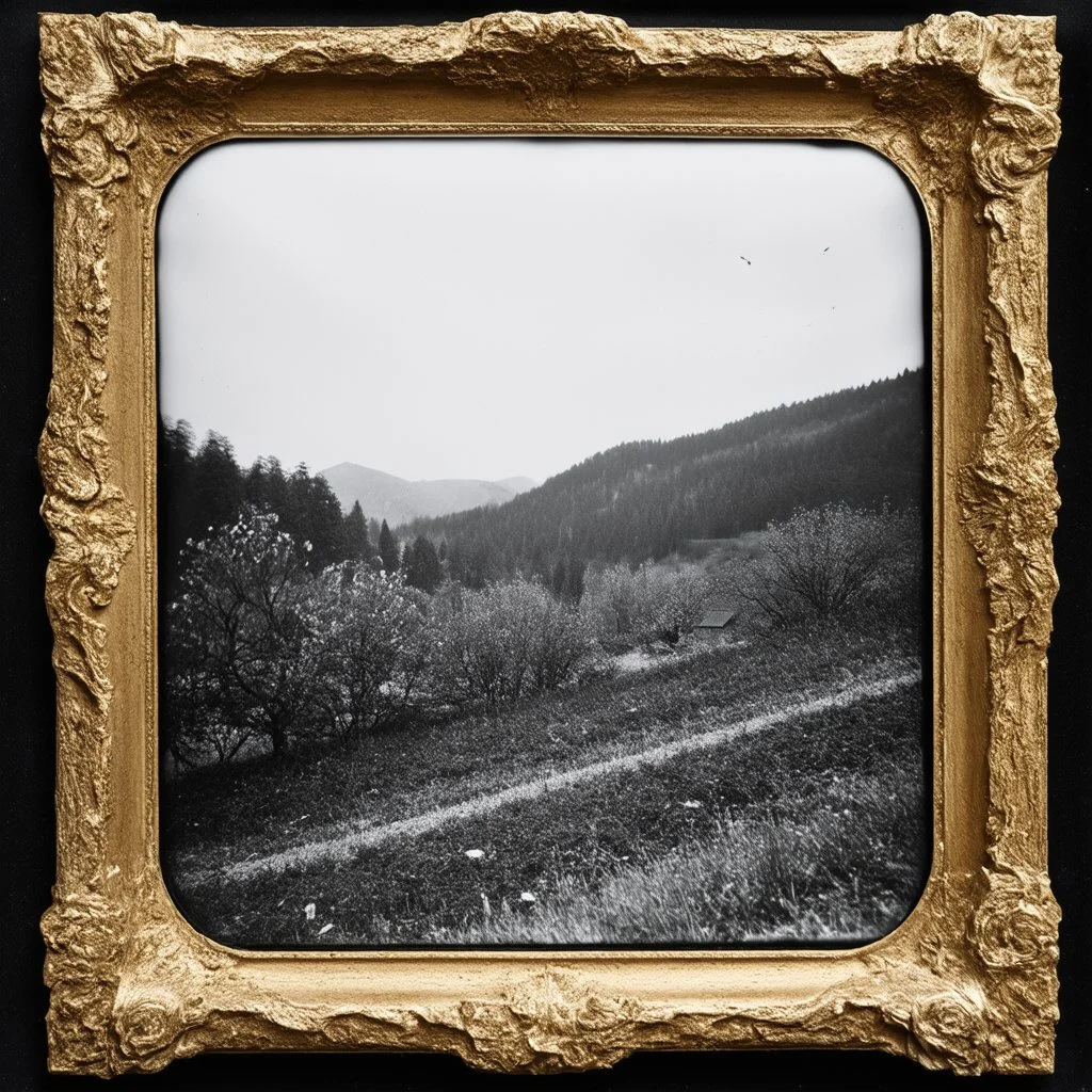 Daguerrotype frame old landscape odd creepy obsessive great nostalgia, bright, weird, old postcard landscape, cespugli, sfocato, sentiero, osceno, dettagli della cornice molto accentuati, polvere, horror, tridimensional, Sweden 1950, old