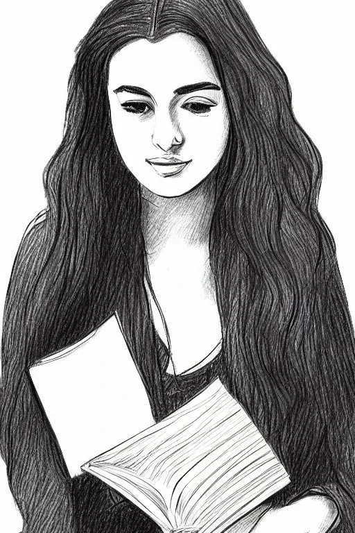 Pencil sketch of Young woman, Arab features,sad, long wavy hair, reading a book, full body، on lined paper