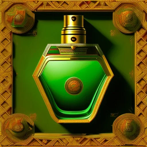 a painting of a square green perfume bottle, weird cap, highly detailed