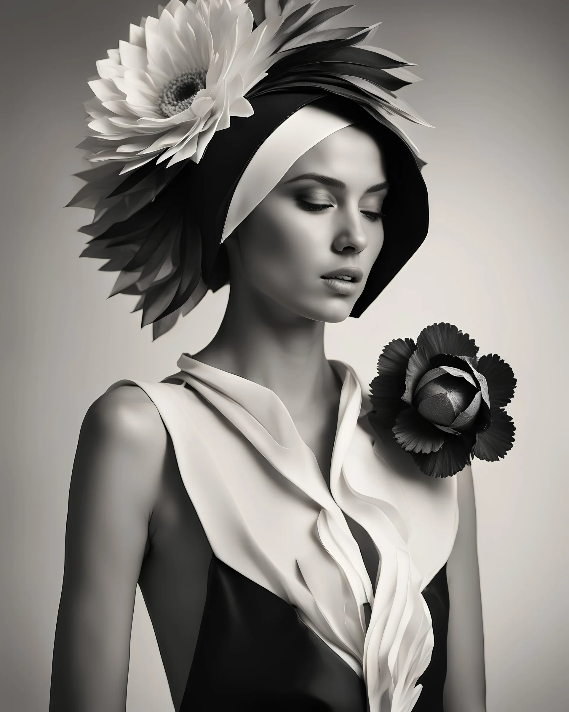 A beautiful and hot female model in a fashion haute couture in style of givanchy delicated Portrait with crative headpiece origami inspired Anemone flower black and whiter , black and white photo diffused lighting, texture delicated modern fashion stylish and elegant 8k creative