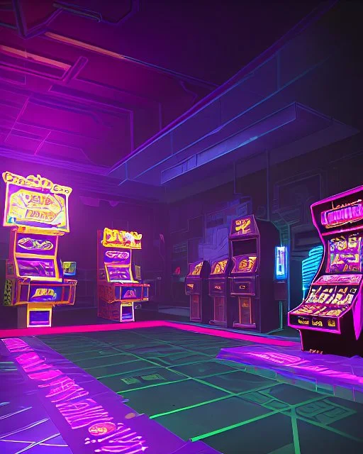 A dark photo of the corners of an 80's aesthetics arcade at night, with a lot of functioning arcade machines, a vaporwave floor and some colorful tiles in between the floor. Purple aesthetics. There are some pizza boxes over some of the arcade machines. The wall has a ticket shop who sells plushies, food and laser tag guns