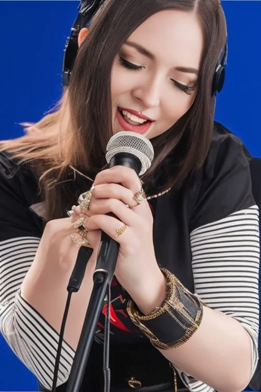 attractive female country music singer leaning forward while holding microphone in one hand, other hand brought up to side of neck, change clothing to plaid in natural tones, leather bracelets on wrists, long hair, mouth open singing, rings on fingers, eyes closed