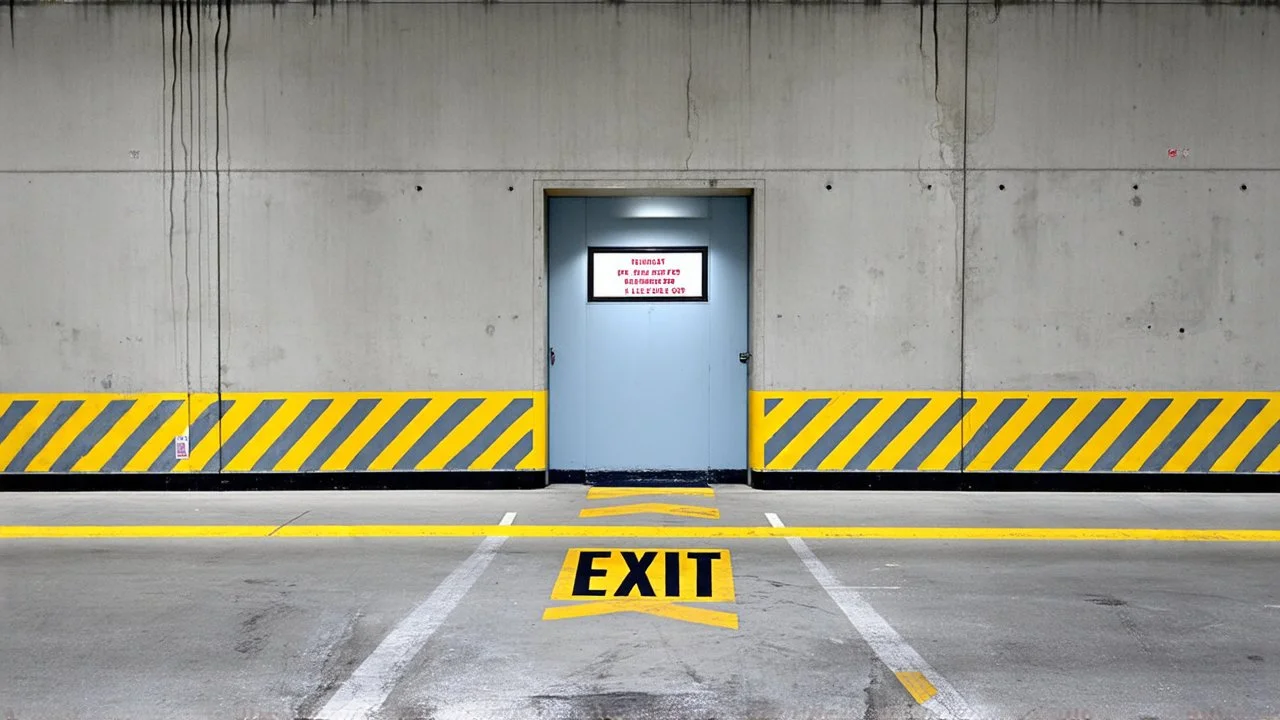 wall design for parking garage, concrete, yellow painted hazard lines, weathering and water stains, in middle is an exit doorway with small window, with a sign is above. rough painted hashmarks and parking lines, add signage found in a parking garage.