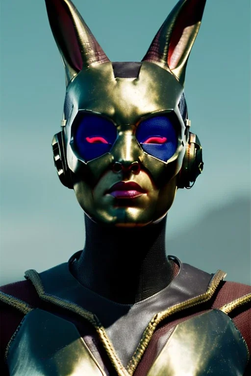 Medium Close Up Portrait, Front image. cyberpunk, rabbit mask, british woman, volcano hair. Latex suit army. Black, pueple, color. Thor style. Color background, photo studio. Avatar image, highly detailed, concept art, smooth, unreal engine 5, ray tracing, RTX, lumen lighting, ultra detail, volumetric lighting, 3d, finely drawn, high definition, high resolution.