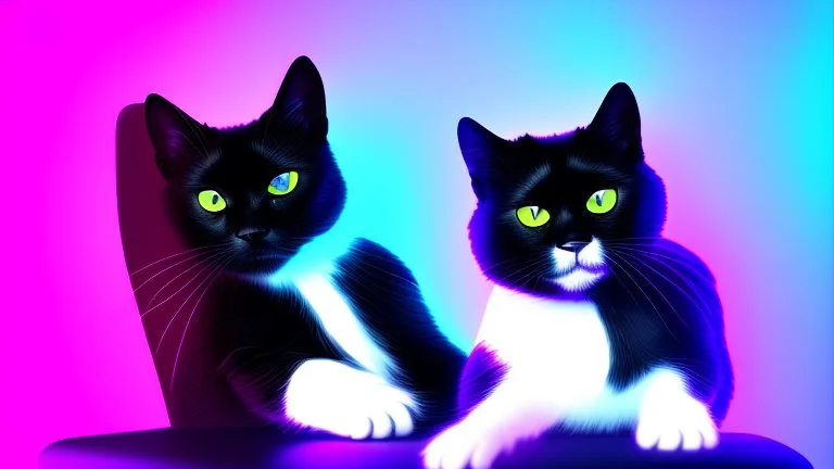 black cat sitting on an office chair, dark room with neon violet lights, realistic