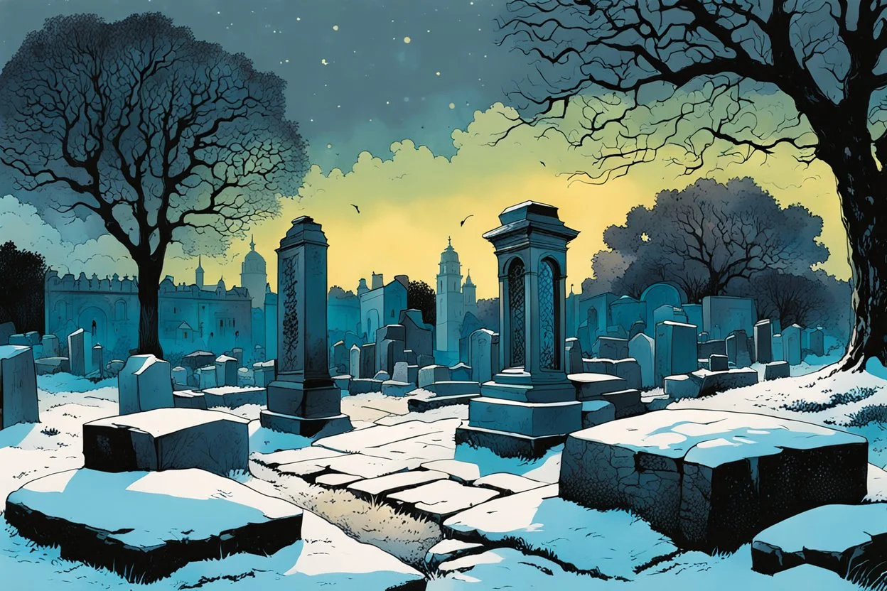 create a fine art print illustration of an old Jewish cemetery with numerous leaning , broken headstones and mausoleums ,highly detailed rough stonework, surrounded by ancient oak trees, in the old city of Krakow, under a bleak winter sky at midnight , in the comic book art style of Bill Sienkiewicz, and Jean Giraud Moebius, finely textured, drawn, colored, and inked