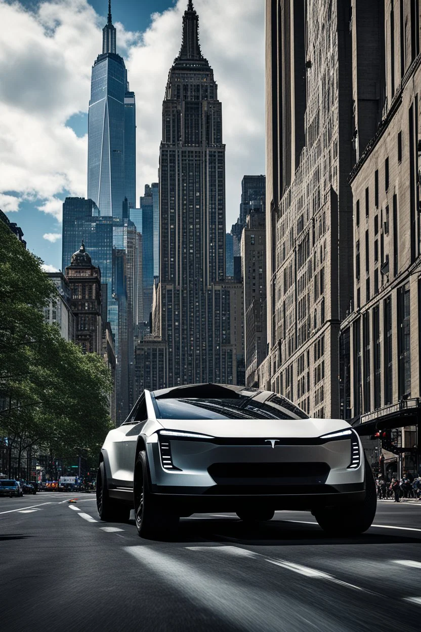 A Tesla's 'Cybertruck' is racing at top speed, near the "Empire State Building' in New York. CINEMATIC. WIDE ANGLE LENS. PHOTO REAL.