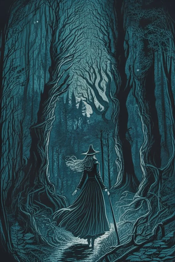 in the style of a Henry Justice Ford drawing, a beautiful witch walks through a dark forest