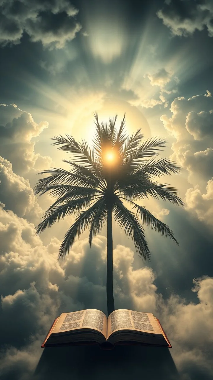 Sun light above swirling clouds, emerges from the heart of a raging storm. Turbulent winds of steam swirl around lit by shafts of sunlight that cast dramatic shadows on the A beautiful book in the middle behind a palm tree , High quality 16k cinematic scene and great photography