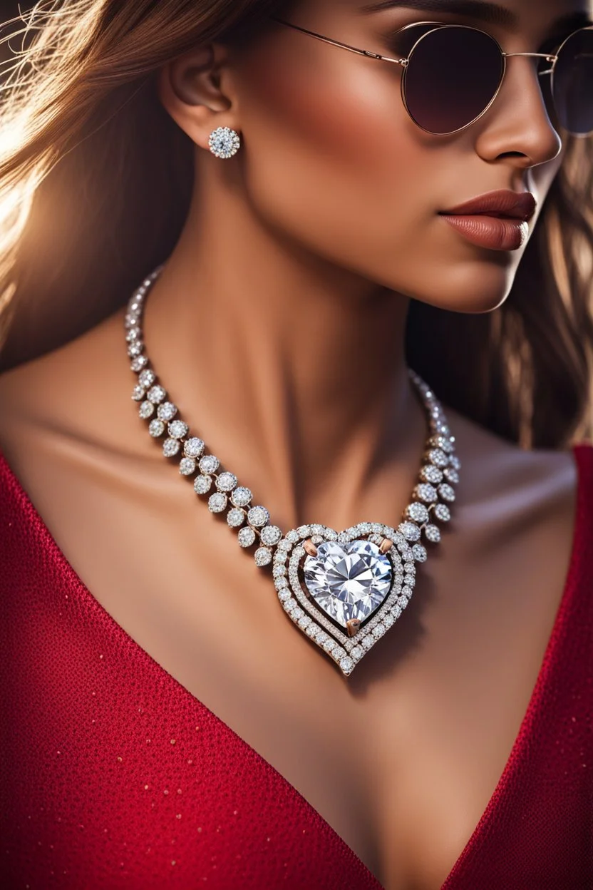 Create a visually stunning and luxurious image of a diamond necklace with a big simetrical heart shape diamond at the center and 3 layers of small round diamonds around it