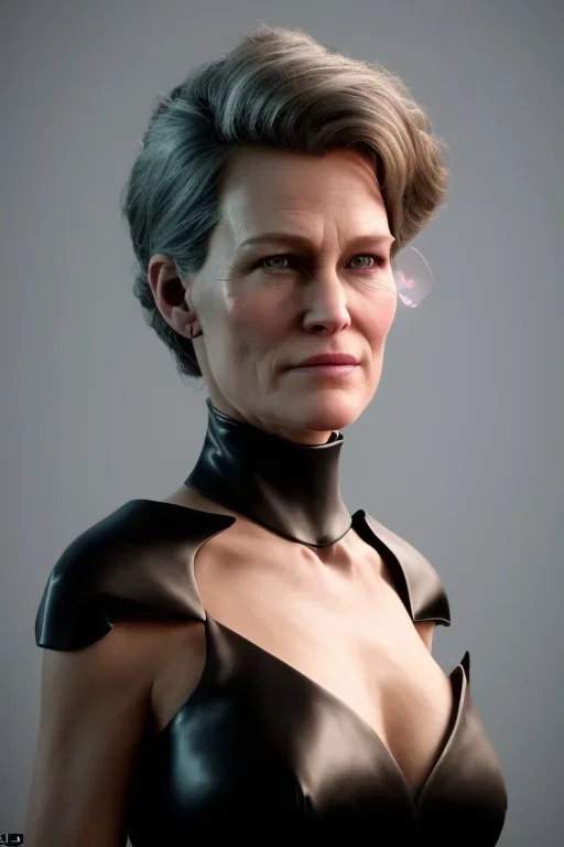 Robin Wright as evil queen in black leather, busty, cleavage, voluptuous, Claire Underwood, angry, stern look. character design by cory loftis, fenghua zhong, ryohei hase, ismail inceoglu and ruan jia. unreal engine 5, artistic lighting, highly detailed, photorealistic, fantasy