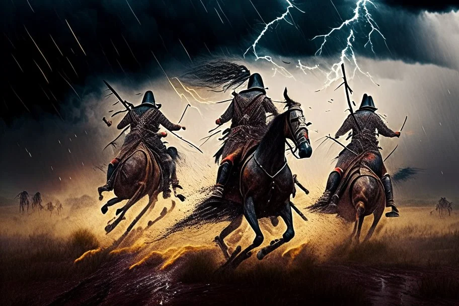 Hun Arrow Crossers on horseback, scorched earth, thunderstorm