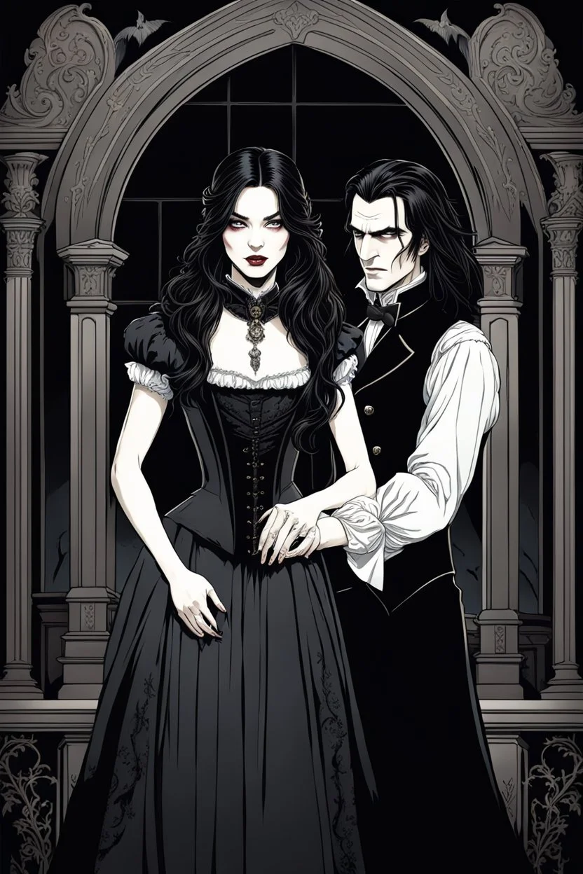 A hauntingly beautiful and detailed illustration of an attractive vampire man in a Victorian-style dark garb, with pale skin, long black hair, snarling, his sharp canines flash want biting the neck of a beauty young woman. the woman faint melancholy smile on his face, his eyes closed.The background is a dimly lit gothic room, with the light of a full moon pouring through a large window, creating a chilling cinematic, horror atmosphere. The intricate details and sharp focus make this a masterpiec