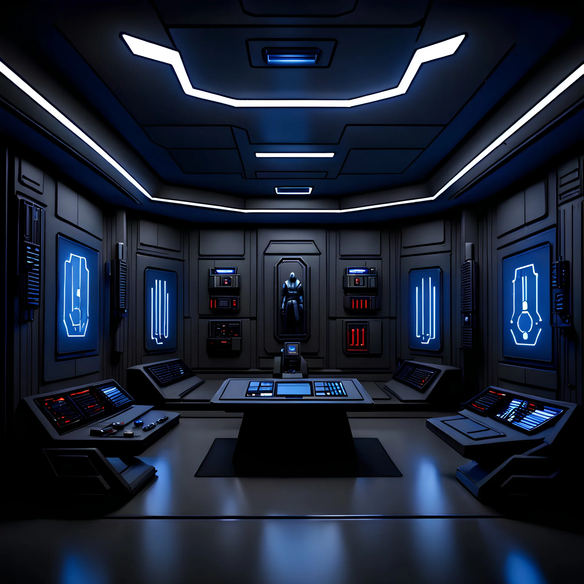 sith advanced scouting room, simple design, clean layout, muted lights, soft lighting, blue and black color, black shading, grey lighting, dark