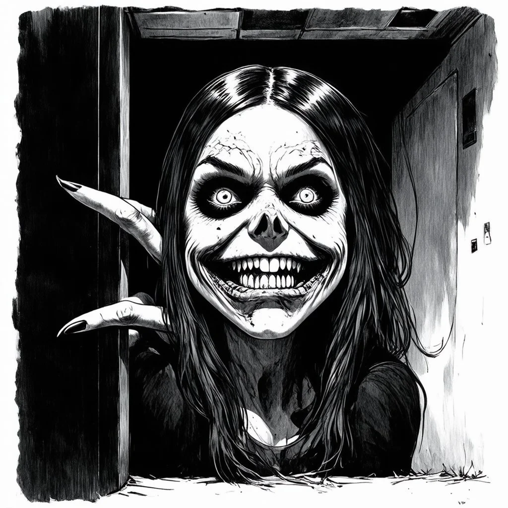 High-definition, riveting sketchy image of a spooky zombie girl with an exaggerated large mouth twisted into an ironic smile. She is characterized by her long, sharply curved fingernails and dirty, unkempt hair. This chilling presence is seen peeking around a corner in a dark, deserted hallway. The image has a blend of styles: heavy metal art of Wes Benscoter like a Slayer 'Season's in the Abyss' cover; the eerie and surreal feel reminiscent of late 19th-century Gothic art; watercolor expressive