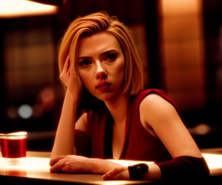 Scarlett Johansson in Lost in Translation, en la barra de un bar con la mirada perdida y fumando.