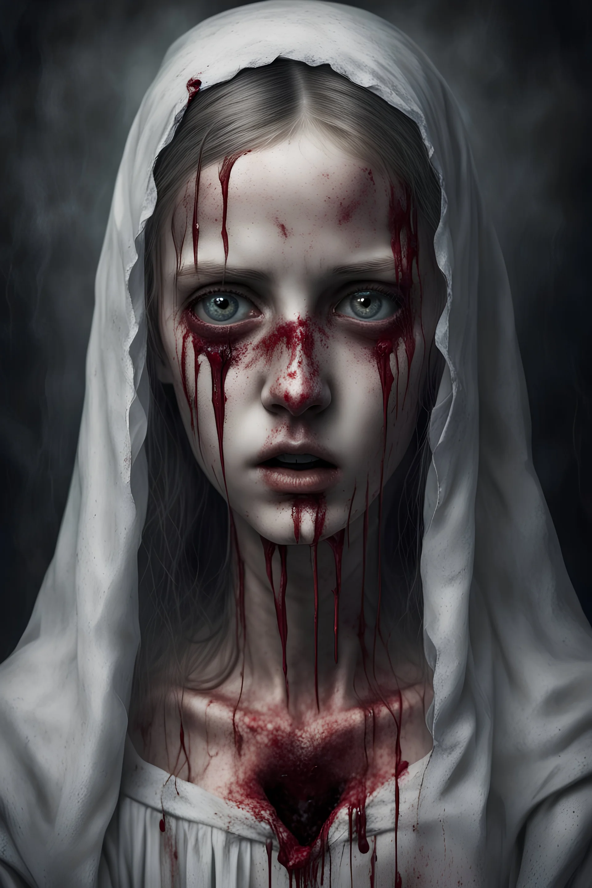 A horror digital realism portrait of a saint blind girl with gloomy eyes and bleeding her soul out pain pain pain lost and broken heart