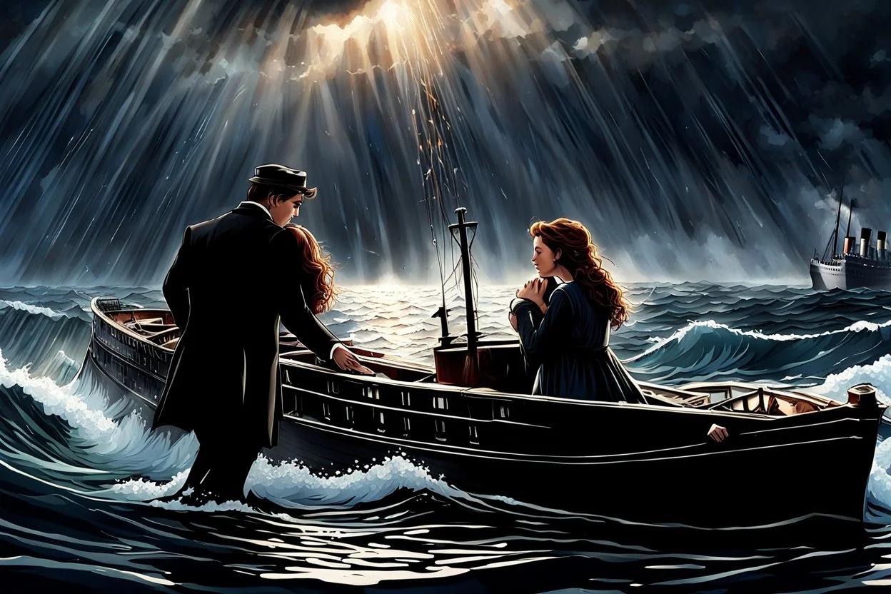 scene depicting the heartbreaking moment when Jack and Rose say their final goodbyes on the sinking Titanic. The ship is almost completely submerged, with chaos and panic all around as passengers scramble to find safety. Jack and Rose cling to each other, their love shining through the darkness of the impending disaster. Jack's voice is filled with emotion as he urges Rose to leave on the rescue boat, promising to never forget her. The scene captures the raw emotion of their farewell amidst the