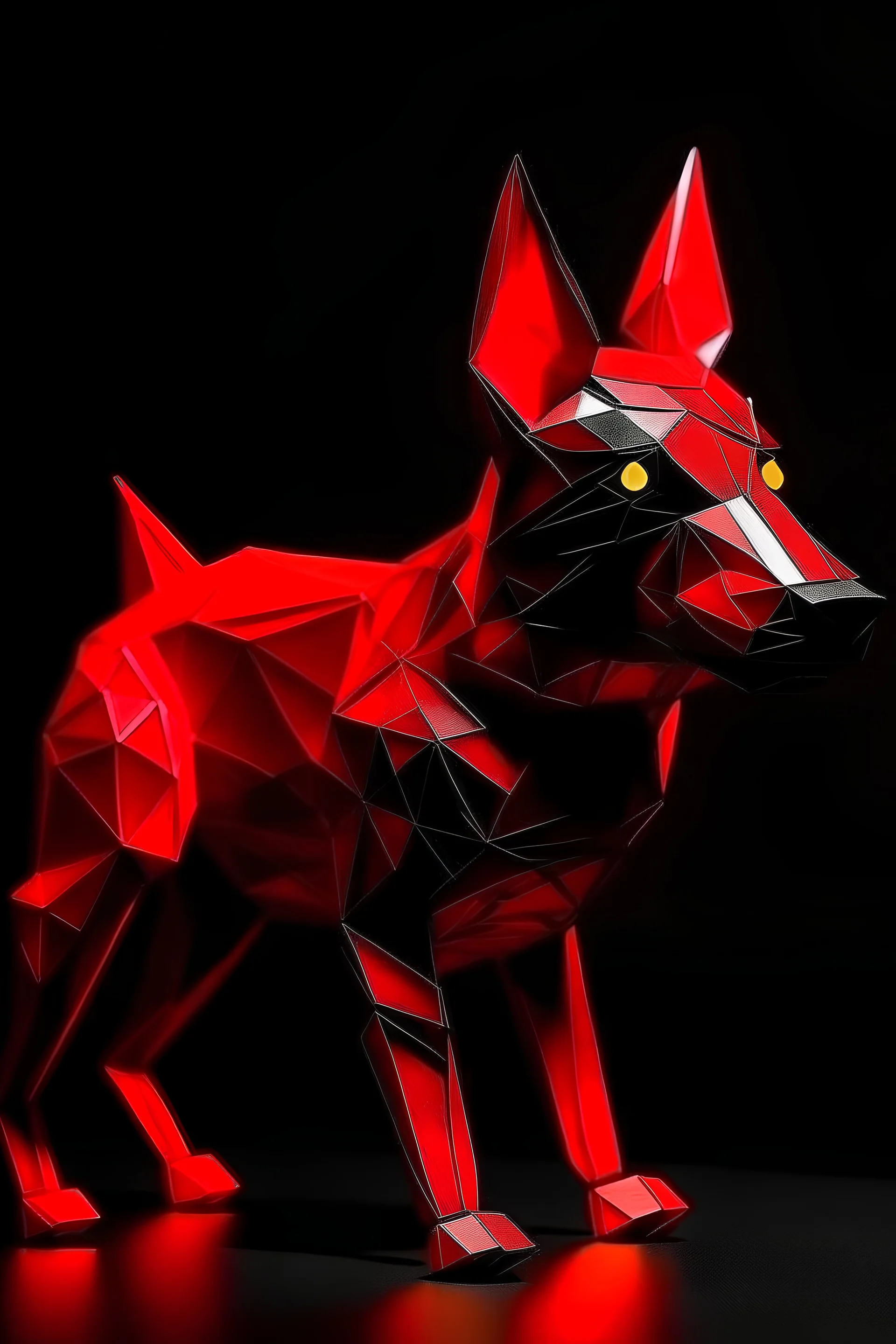 Origami de lobo color rojo cabeza negro, que posea luces y detalles