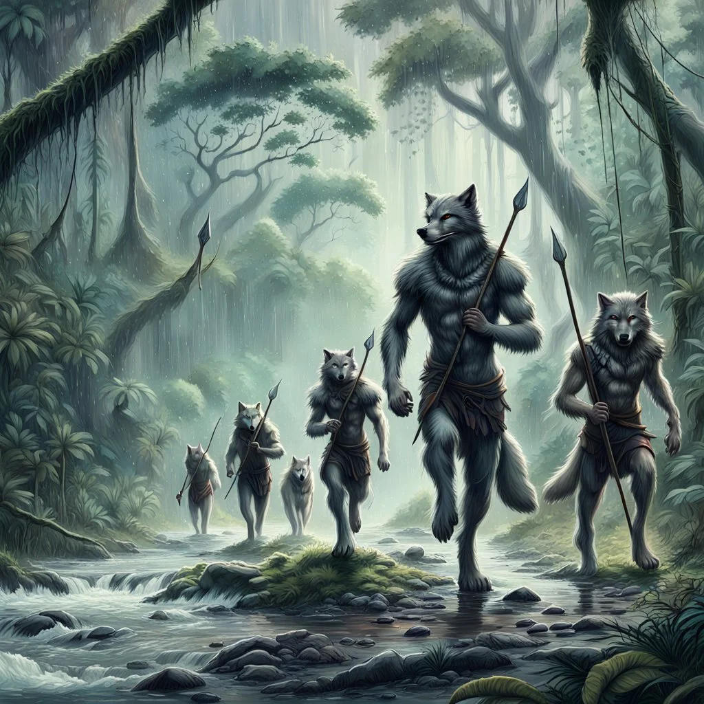 wolf body hair straight walking eight anthropomorphic wolf man hybrid human two with spears in their paws go one after another by pathway in jungle, in the further away a river flows in jungle near the trees, rain, very thick-trunk trees and jungle vegetation, near to them flows a fast river, dark colors, high realistic, 3d, digital art, detailed, cinematic, sci-fi, fantasy mood