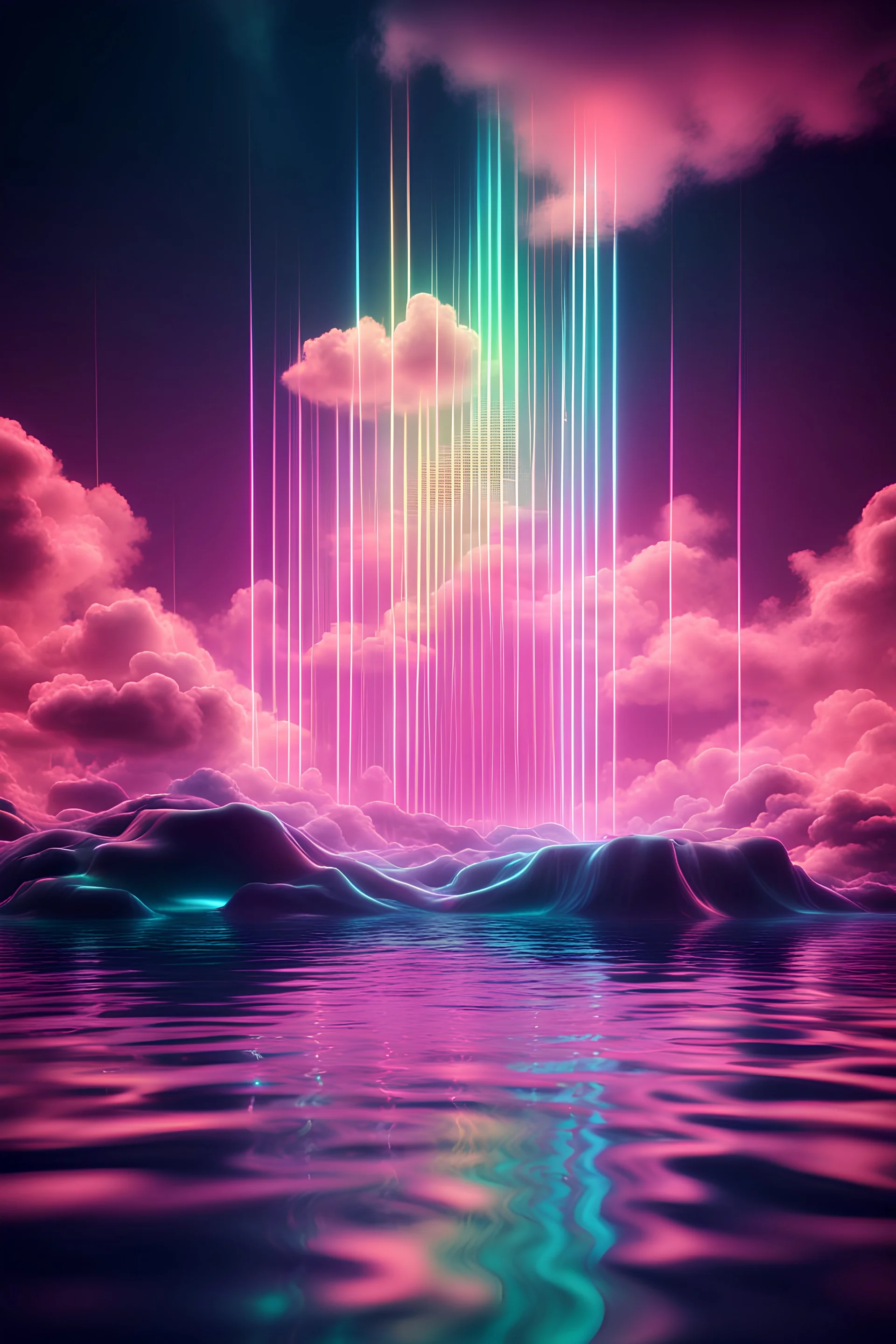 3d render, abstract neon background with cloud, glowing vertical lines and water. Fantastic seascape