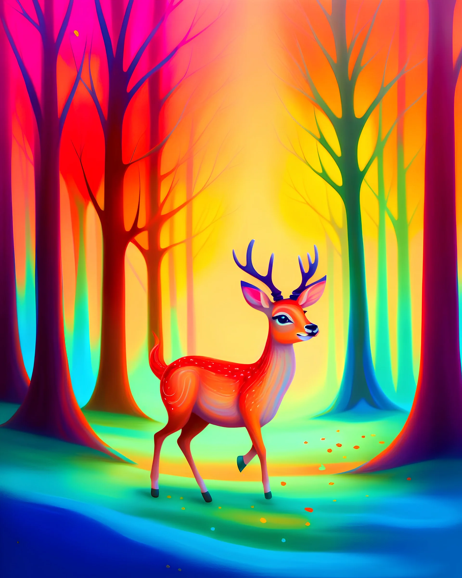 Playful deer in a vibrant, whimsical setting, exuding joy and charm, with soft and diffused lighting to enhance the cheerful atmosphere.