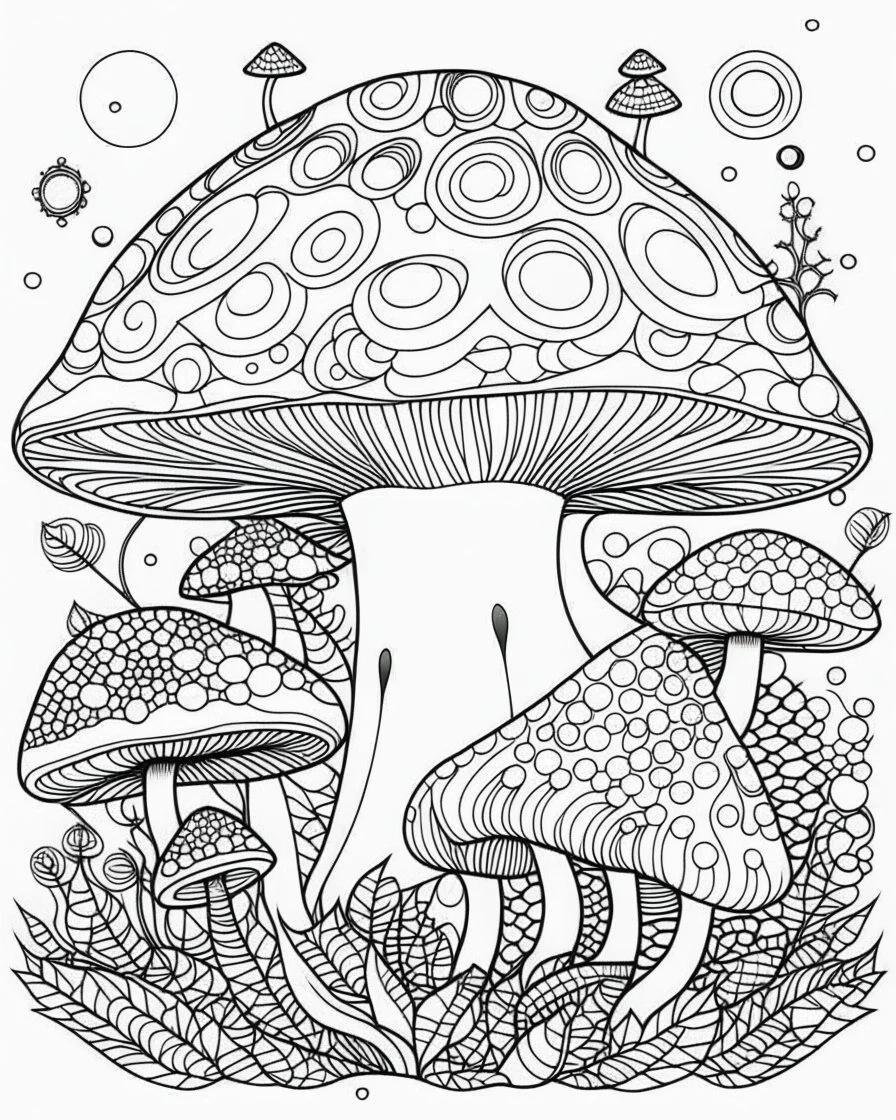 create a 2d black outline, "big mushroom coloring book for adults", coloring page, low details design, black contour, coloring page design, coloring page for adults, kawaii cute background, black contour and white space beetween contour, same contour, sketch style, minimalist