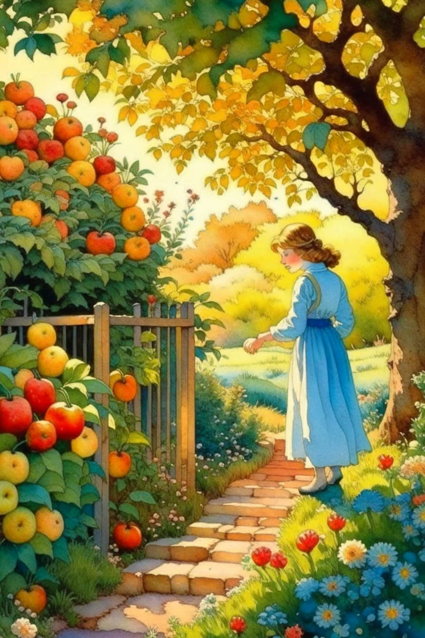 illustration style. Anne Shirley passed through the flowers and the pungent fragrance of the orchard in the evening air and reached the steps of the front door.