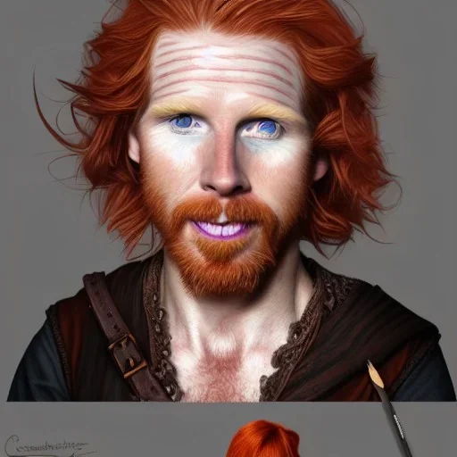 Portrait of Courtney Gains as a ruggedly handsome but joyful roguish pirate, charismatic, attractive male, masculine, perfect, precisely detailed, lightly freckled face, meticulously detailed multi-hued ginger carrot colored cherry fire red hair; Malachai of the corn; fantasy, intricate, elegant, highly detailed, digital painting, artstation, concept art, matte, sharp focus, illustration, art by artgerm and greg rutkowski and alphonse mucha