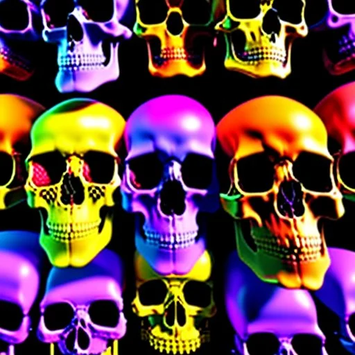 a picture of a dark, comedic, anatomically correct wall of colorful tightly packed stacked skulls of varying sizes and expressions, photo realistic, insanely meticulous, highly detailed, part of a collection of bones on display, 64k, dystopian, vray, cartoonish, cartoon character skulls