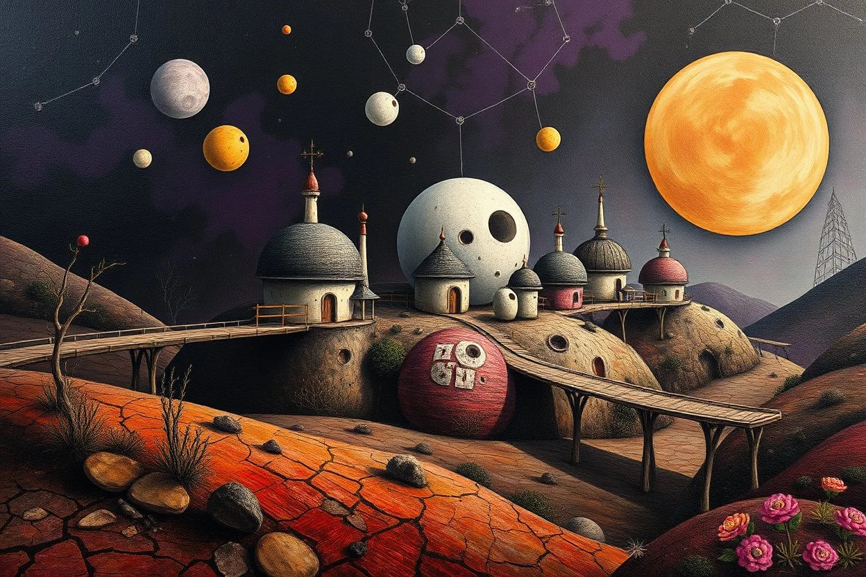 whimsical, weird ball-like houses stand in village in weird whimsical landscape with long bridges, , futur-surreal vibe with abstractions, around surreal cracked painted weird land with dark purple, gray, black, white, brown, and deep colors. style of Chagall , of Minjae Lee and Tim Burton, absurd beauty picture. weird bizarre absurd, nightmare, big neuron network background and thin bridges, surreal cinematic vibe