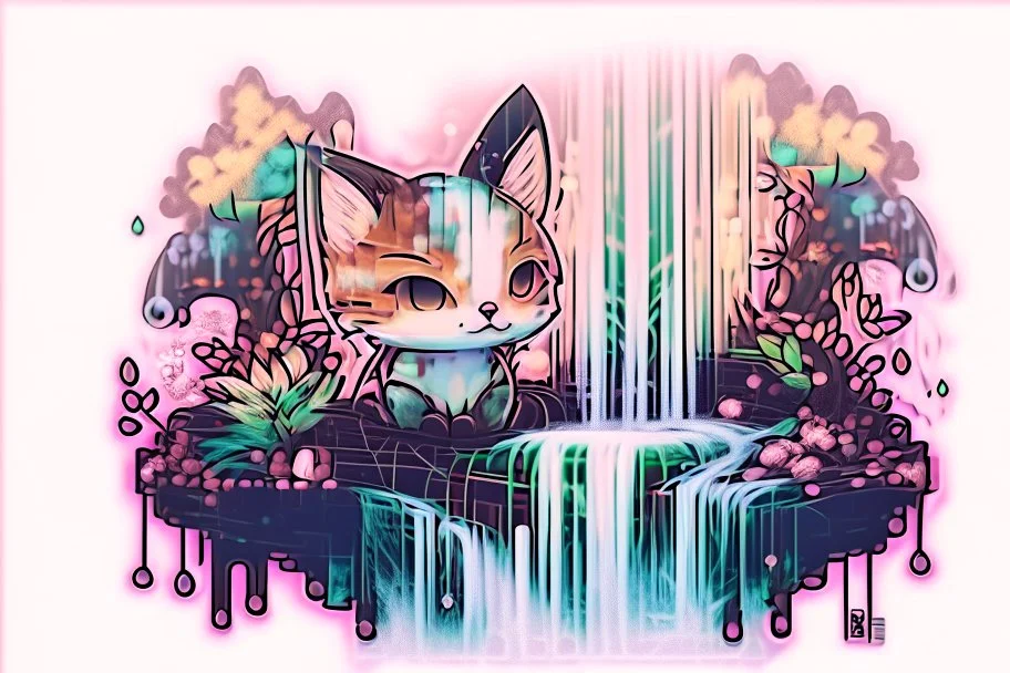 cute chibi cat in a restaurant double exposure waterfall in the forest watercolor and ink