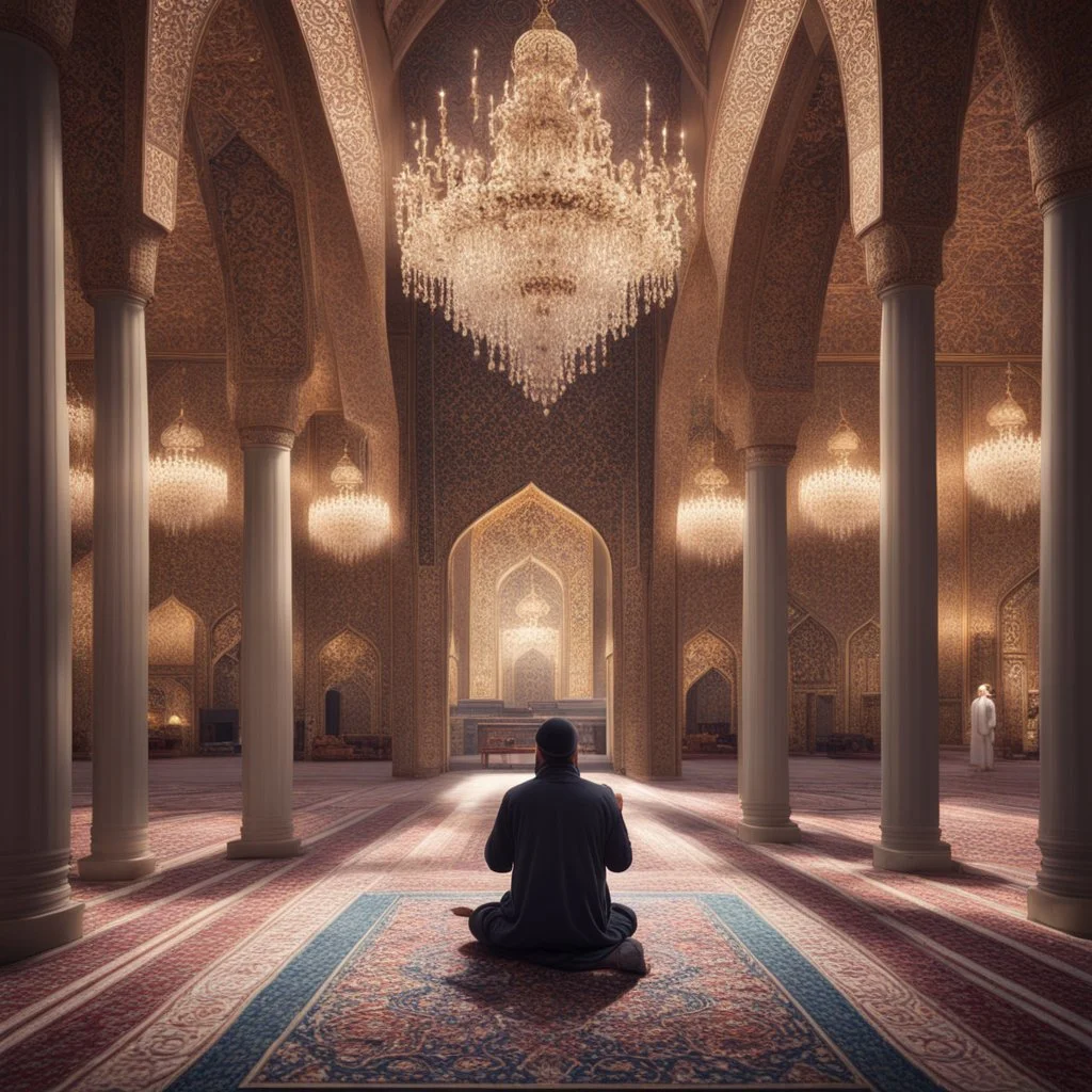 Hyper Realistic man praying in sajda inside a beautifully crafted mosque with fancy walls & pillars, chandeliers & beautiful carpet at night