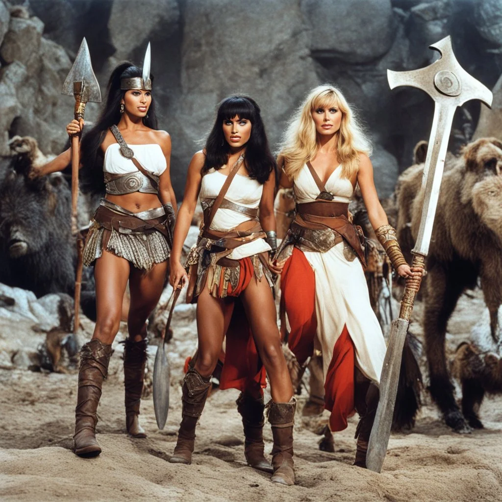 [Jameela Jamil (Tahani Al-Jamil) and Kristen Bell] as barbarian warriors with boots and her battle axe [Jason and the Argonauts (1963)]