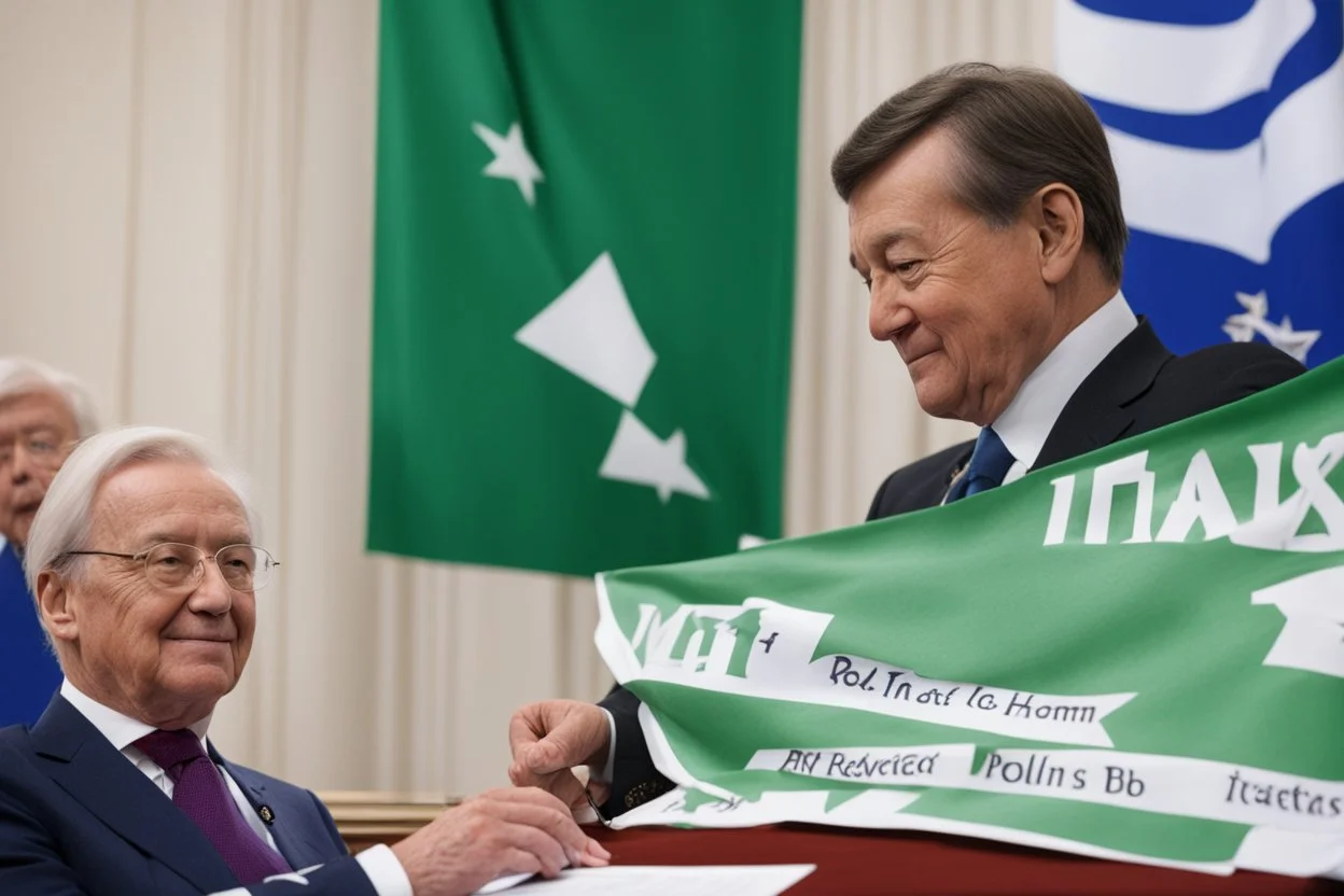 over the shoulder photo; politician signing a treaty; in the background three banners, green banner, white banner, blue banner;