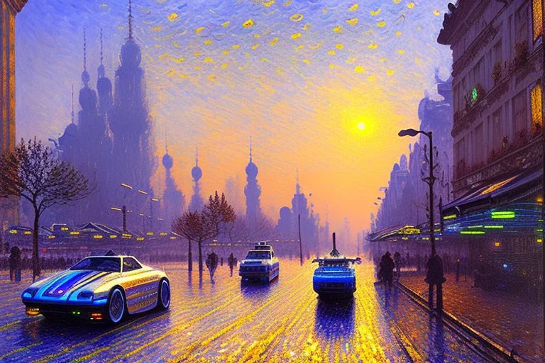 Sunny day, cyberpunk city, moedern cars, alfred sisley impressionism painting