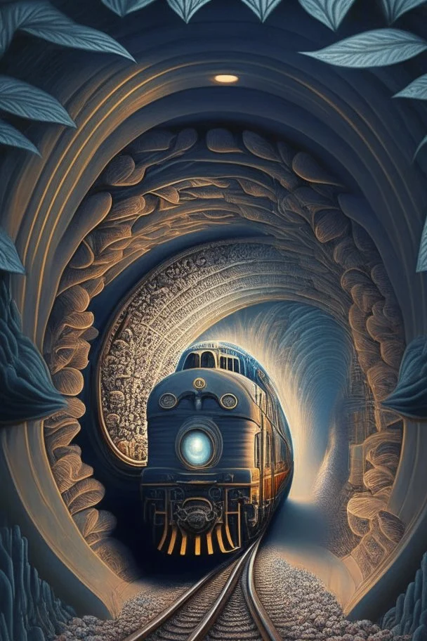 Then it comes to be that the soothing light at the end of your tunnel Was just a freight train coming your way; intricately detailed surreal optical art, award-winning,