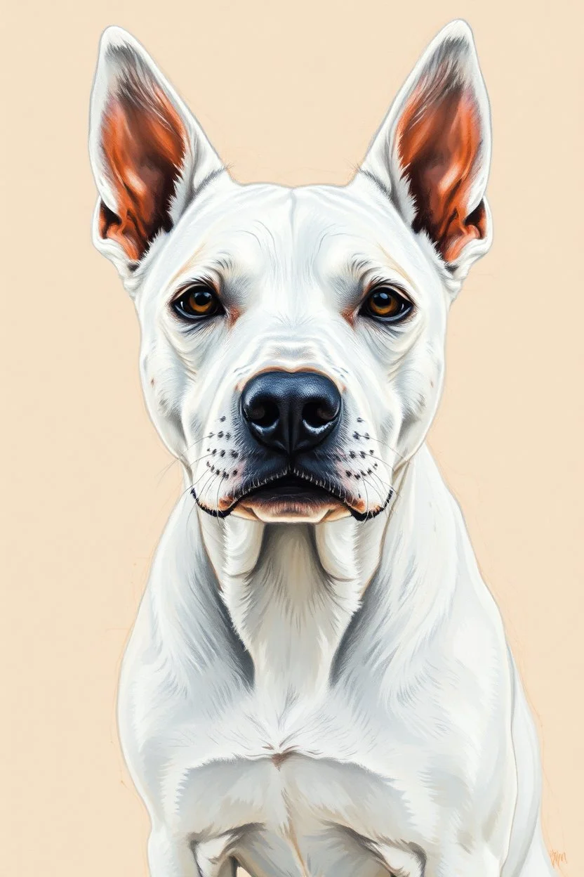 White Staffie dog with gentle expression in the style of Willem Haenraets, Yoji Shinkawa, Guy Denning, Florian Nicolle In chalk and rough pastel