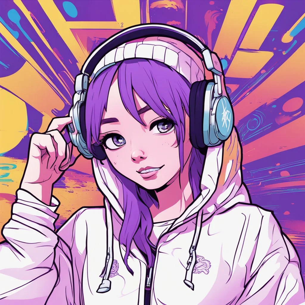 masterpiece, intricate details, a wide angle 2D anime bold line flat colour illustration of a cheerful girl in a high purple hoodie and headphone in hip hop style, dopamine style, overlaying mixed patterns of pop art text and emoji device installations, sharp focus, boy character illustration, beautiful vibrant kuler palette gradient