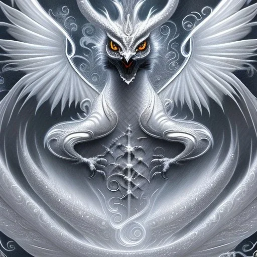 a detailed illustration of a white dragon with owl-like head, a white dragon with white owl head, realistic, detailed, dragon with fairy-like transparent glowing and sparkly wings standing in snow, silver lightning to the edges of the wings, glowing soft and smooth wings, fantasy art, highly detailed, intricate patterns on wings, shiny snowy background, soft studio lighting, foggy shiny smooth background, unreal engine, 64k