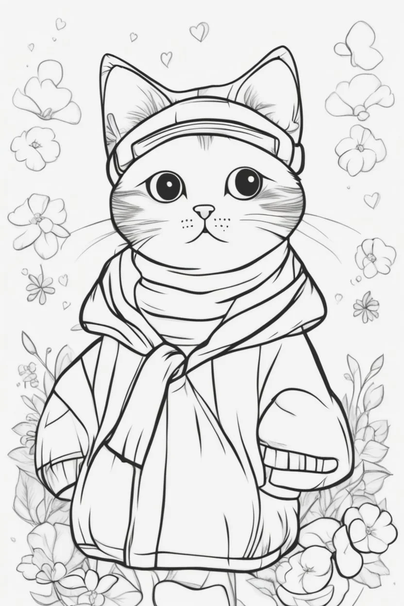 Clean outline art for cute cat in clothe, Black and white cat line art, black line art, white background, no shadows and clear and well