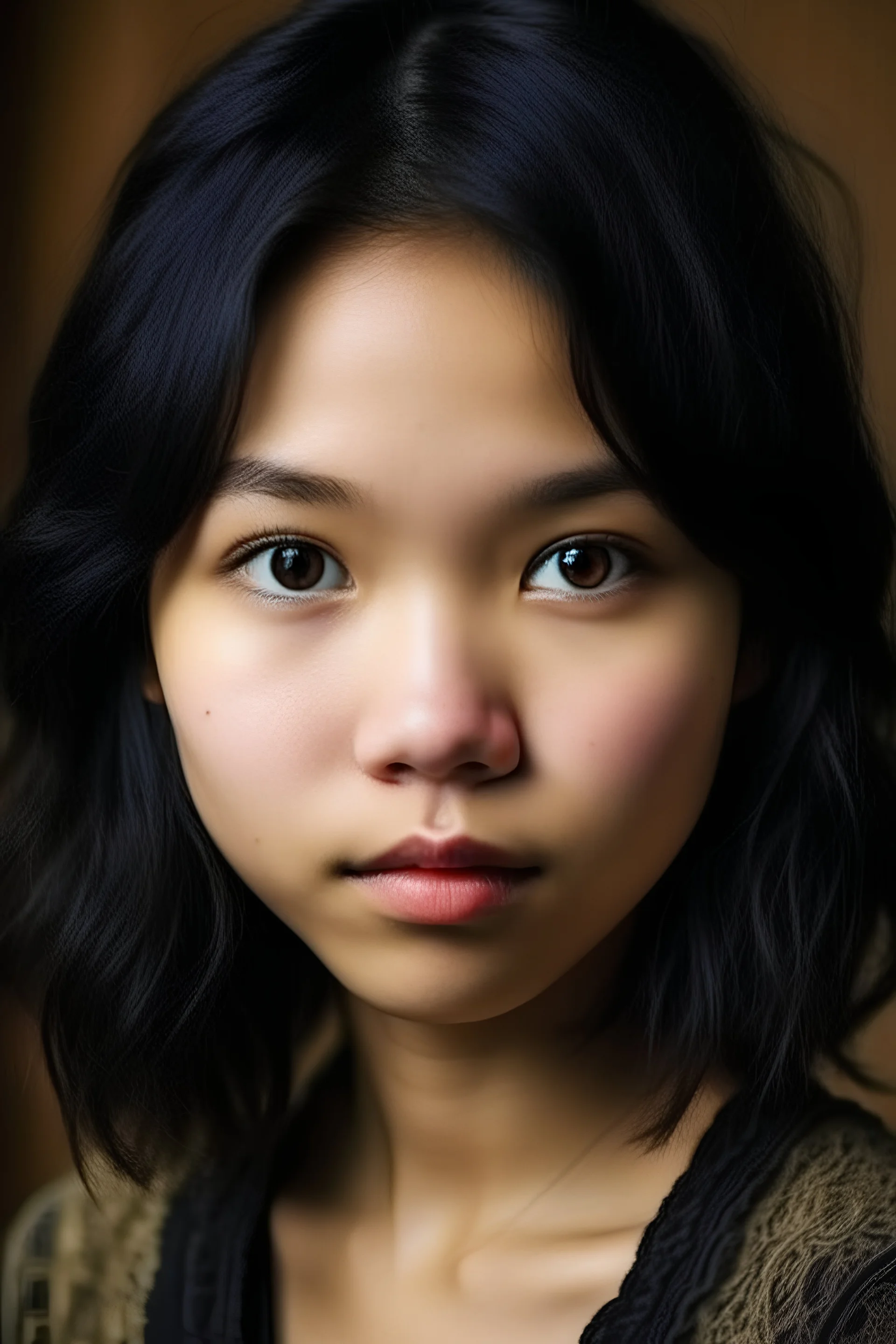 16-year-old girl, medium-haired, black hair, lacy, quiet, Asian, portrait, medium nose, Latin style, high forehead, large forehead