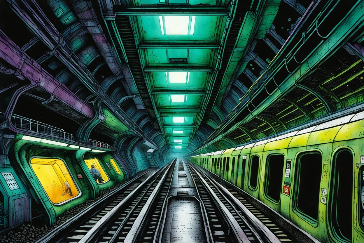 create a wildly conceptual illustration of a highly detailed irradiated, fetid, gaseous and decayed future underground subway system under a poisonous gloom utilizing asymmetric structural forms, in the sci fi art style of Don Maitz, , finely textured, drawn, colored, and inked