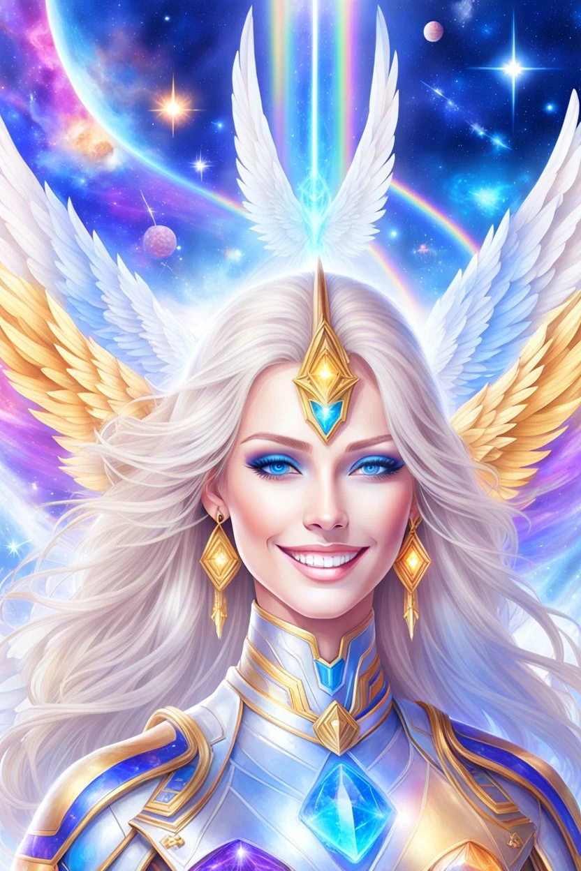 cosmic woman angels smile,admiral high commander from the future, one fine whole face, crystalline skin, expressive blue eyes,rainbow, smiling lips, very nice smile, costume rainbow pleiadian, Beautiful tall woman pleiadian Galactic commander, ship, perfect datailed golden galactic suit, high rank, long blond hair, hand whit five perfect detailed finger, amazing big blue eyes, smilling mouth, high drfinition lips, cosmic happiness, bright colors rainbow, blue, pink, gold, jewels, realist,8k