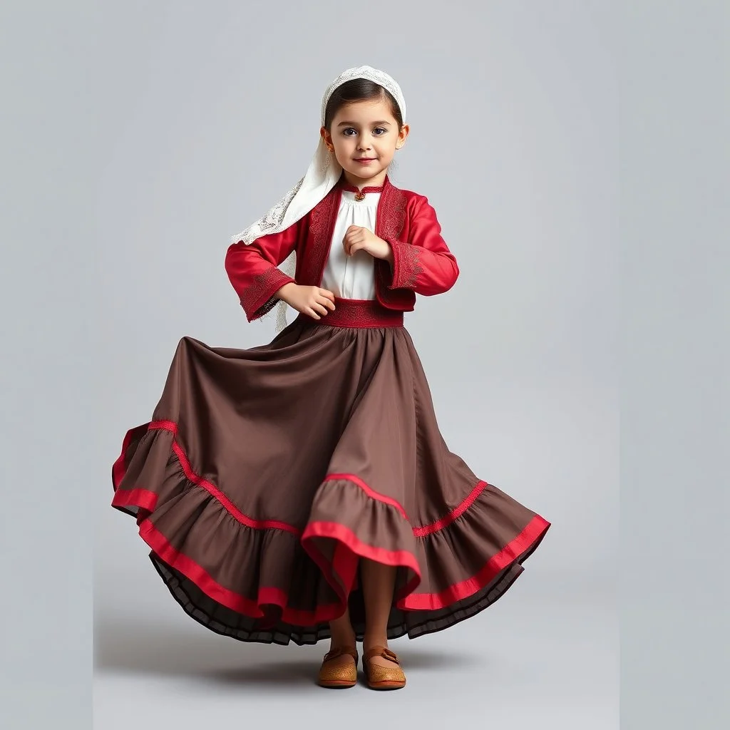 full body 7years old girl ,simple background, full body of very pretty little girl in azeri dance wearing A underdress or shirt, often made of silk,A fitted, often velvet or brocade, jacket worn over the shirt.Wide, bell-shaped skirts are worn, often long and layered to create beautiful movements while dancing, with a long lace scarf at back of her head ,with pretty shoes,in t pose looking at camera.