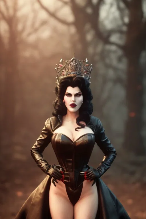 Amy Dumas as evil queen in black leather gown, evil, busty, cleavage, curvy, angry, stern look. character design by cory loftis, fenghua zhong, ryohei hase, ismail inceoglu and ruan jia. unreal engine 5, artistic lighting, highly detailed, photorealistic, fantasy